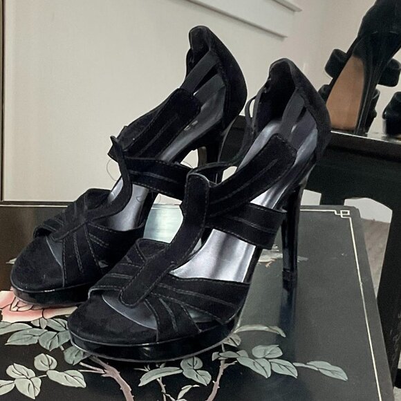 Stuart Weitzman Stiletto Heel Platform Sandals Slip-On Size 7US Black - Picture 1 of 4